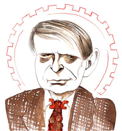 Anthony Burgess, English novelist, critic, poet, playwright, translator and composer; caricatured with clockwork orange tie, with reference to his novella A Clockwork Orange by Neale Osborne